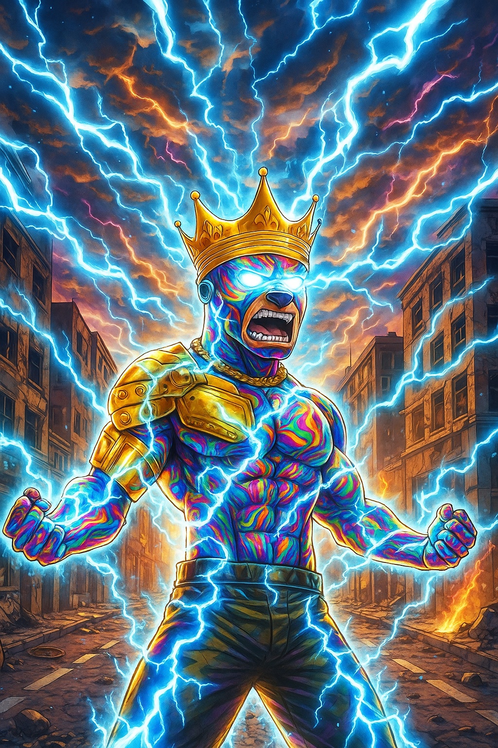 Alpha King - Powerful ape with golden crown surrounded by lightning, representing the Alpha Dogs community spirit